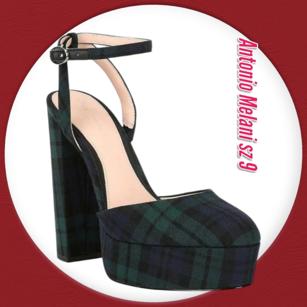 ANTONIO MELANI Black and Dark Green Plaid Platform Heels
